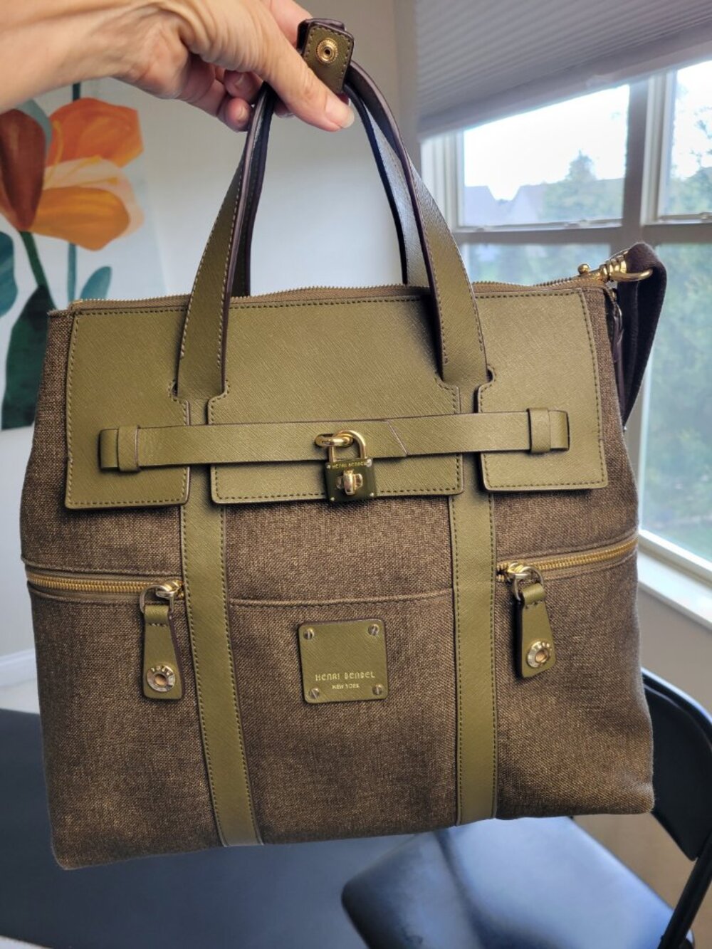 henri bendel Olive Green and Brown Canvas Tote Backpack